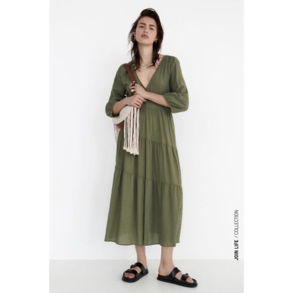 Zara Green Tiered Textured Midi Dress‎ - Picture 1 of 10